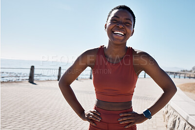 Buy stock photo Fitness, black woman and portrait of a runner by the sea with happiness and smile training. Relax, happy and workout of a athlete doing sport, marathon and exercise ready for cardio running