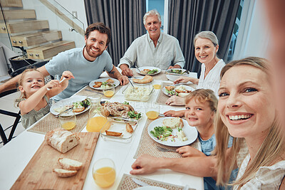Buy stock photo Family, selfie and dinner with generations and food, parents with grandparents and children smile for picture with quality time together. Photo, big family and happiness with nutrition and meal.