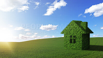 Buy stock photo Real estate field, blue sky and grass house for eco friendly architecture design, sustainability and countryside property investment. Agriculture environment landscape, nature growth and spring home 