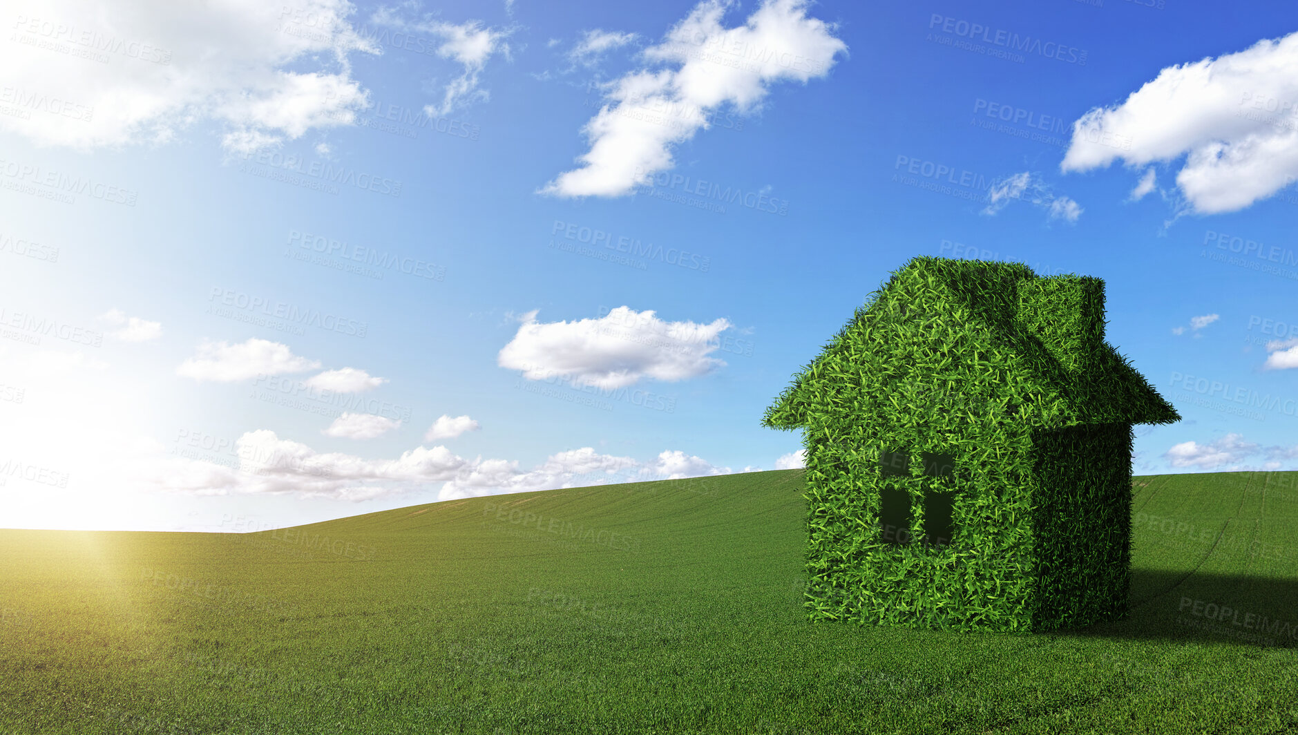 Buy stock photo Real estate field, blue sky and grass house for eco friendly architecture design, sustainability and countryside property investment. Agriculture environment landscape, nature growth and spring home 