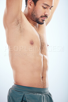 Buy stock photo Fitness, stomach or man in studio with body goals on a white background with mockup space. Wellness, zoom or healthy model with abs or self love after training strong muscles, exercise or workout 