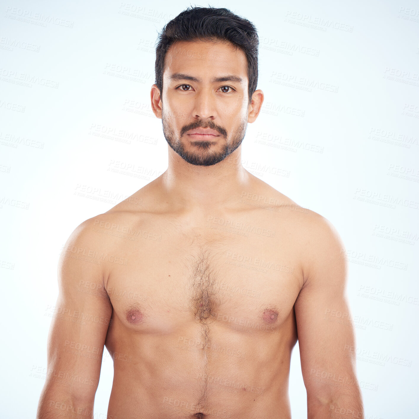 Buy stock photo Fitness, portrait or man in studio with body goals on a white background with mockup space. Wellness, face or healthy model with abs or motivation after training strong muscles, exercise or workout 