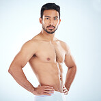 Body, fitness and portrait of man in studio isolated on a gray background mockup. Sports, training and athletic, strong and healthy male model ready for exercise or workout for health and wellness