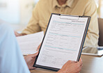 Medical documents, patient with clipboard and health with insurance and contract, healthcare paperwork with hands and checklist. Health insurance, reading document for health care and personal data.