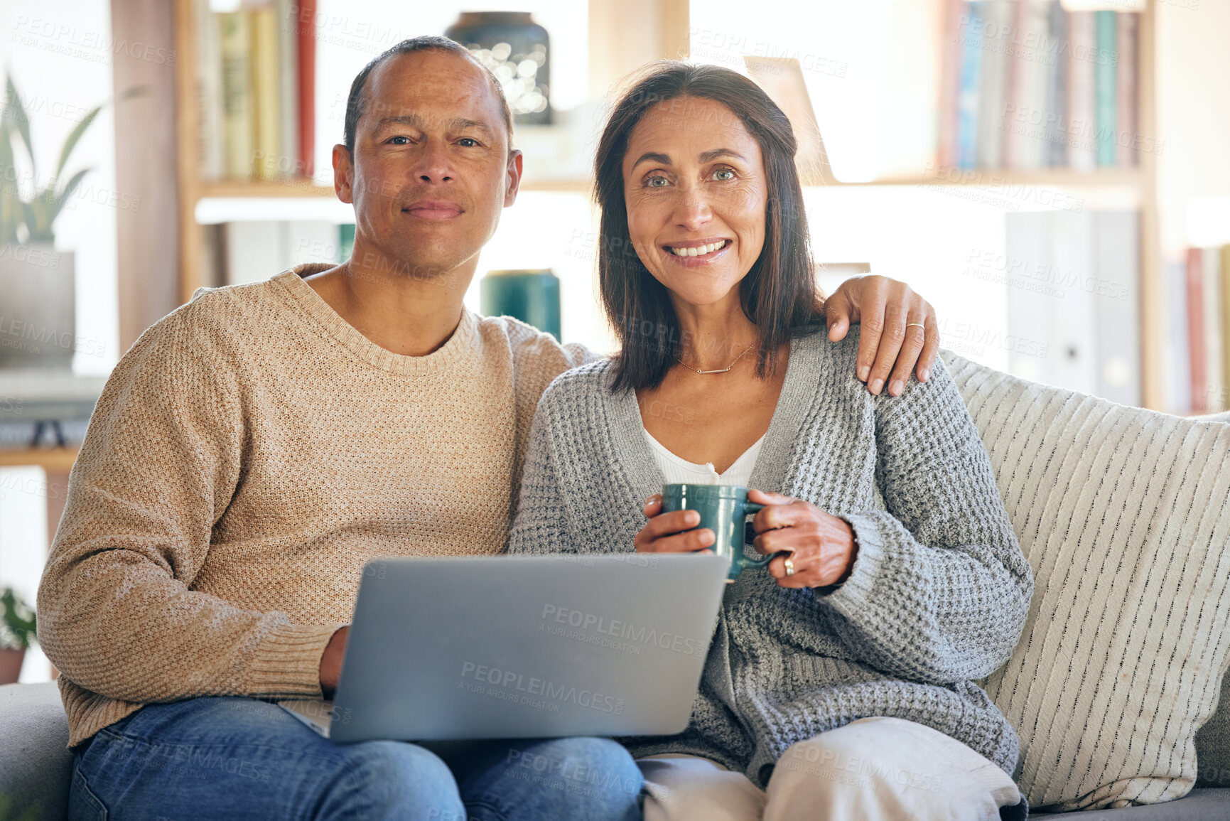 Buy stock photo Love, laptop and portrait of couple relax on living room sofa, drinking coffee and working from home. Digital computer, tea and man writing freelance article for blog, online website or social media
