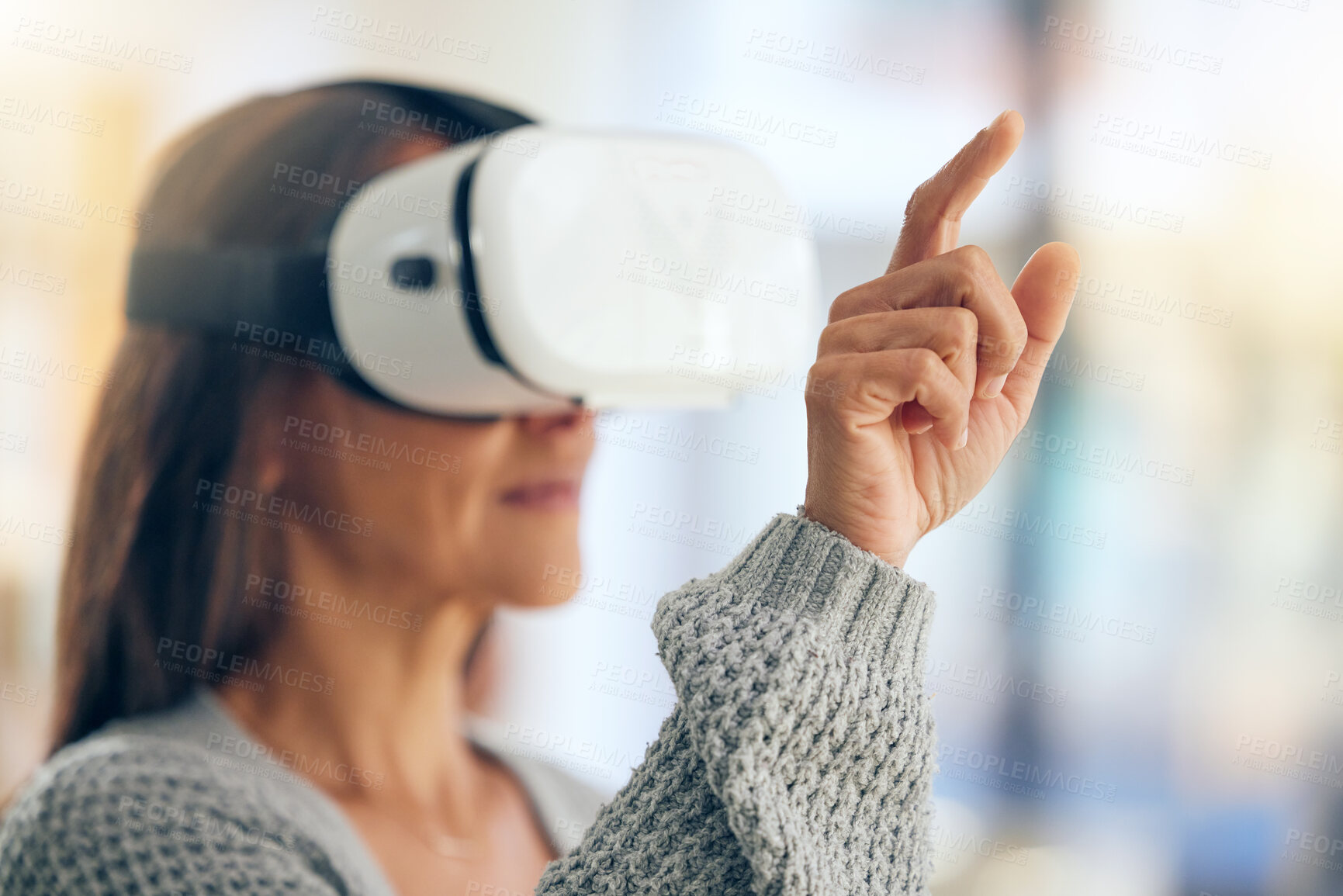 Buy stock photo Woman, virtual reality and streaming in home, futuristic tech and internet gaming with ai headset. Vr, 3d innovation and digital transformation, cyber metaverse or video game online experience 