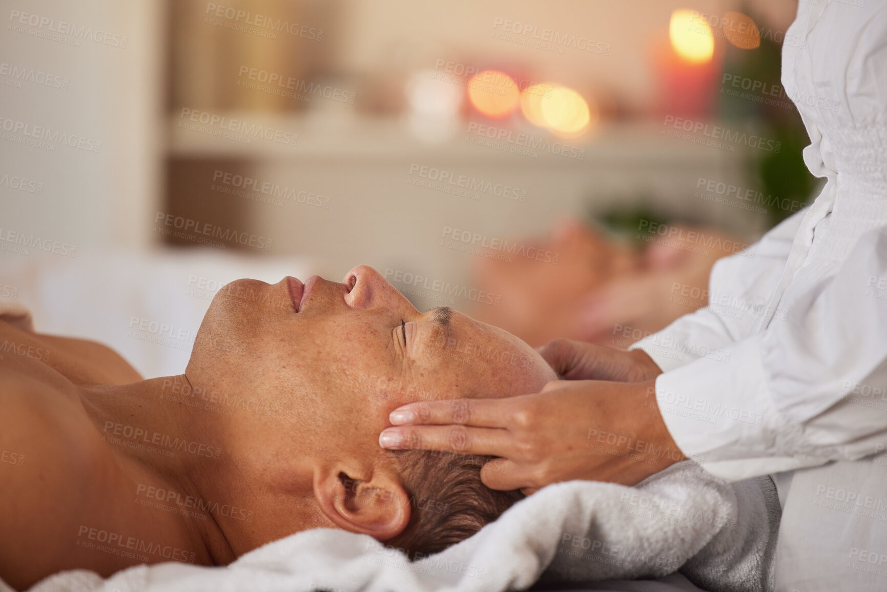 Buy stock photo Massage, reiki and couple at spa with therapist hand, chakra balance with wellness, spiritual and self care. Peace, zen and luxury service with masseuse, relax and mental health break holiday in Bali