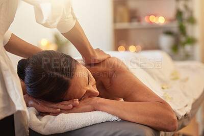 Buy stock photo Woman at spa for massage with therapist and holistic treatment, wellness and self care with aromatherapy. Luxury service, health and peace with skincare to relax at salon, masseuse hands for zen.