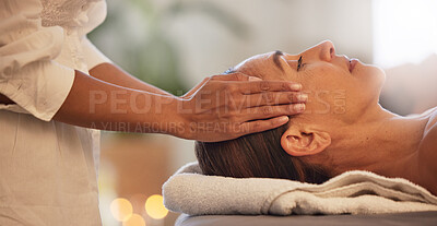 Buy stock photo Woman, relax and hands for scalp massage in salon beauty spa for skincare wellness, stress relief and zen body care. Healing therapy, therapist and physical therapy, head or luxury facial dermatology
