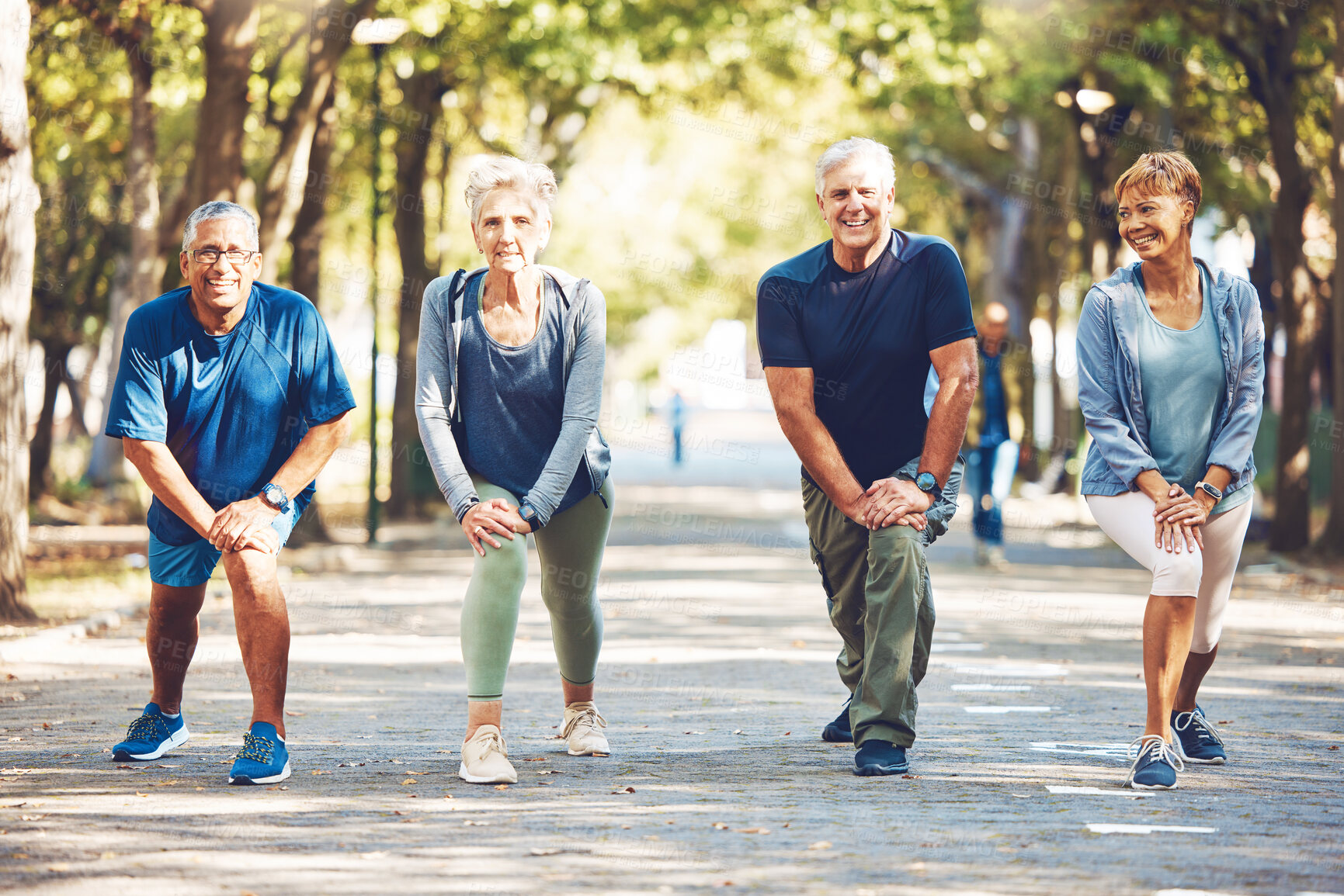 Buy stock photo Senior friends, stretching exercise and park with smile, wellness and self care in summer sunshine. Elderly group of people, fitness and healthy workout with motivation for health, nature or teamwork