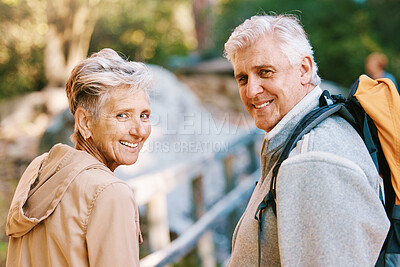 Buy stock photo Portrait, hiking or couple of senior friends in nature trekking, walking or hiking for peace or freedom. Travel adventure, partnership or happy elderly people enjoy fun bonding, fitness or exercise