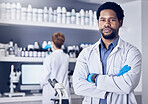 Science, innovation and portrait of man in laboratory, leadership and motivation in vaccine development in South Africa. Healthcare, phd scientist or black man pharmacist with success in lab research