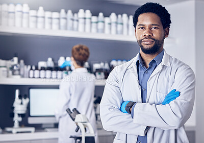 Buy stock photo Science, innovation and portrait of man in laboratory, leadership and motivation in vaccine development in South Africa. Healthcare, phd scientist or black man pharmacist with success in lab research