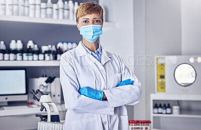 Buy stock photo Covid, portrait or senior scientist in a laboratory working on biotechnology for medical healthcare innovation. Coronavirus, black woman or doctor in face mask or gloves helping with science research