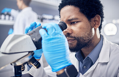 Buy stock photo Black man, scientist and microscope with science research in laboratory, data analysis and expert with scientific or medical innovation. Phd doctor, face and biotechnology, chemistry and study in lab