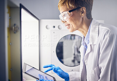 Buy stock photo Senior woman, scientist and tablet in lab for research, science innovation with digital results and scientific study. Incubator, experiment and biotechnology with technology, safety goggles and smile