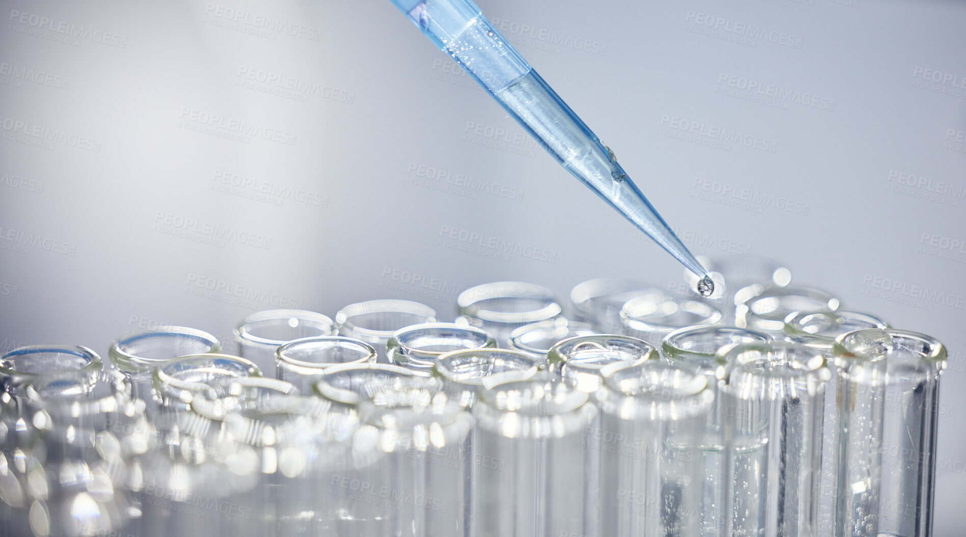 Buy stock photo Science, test tubes and syringe for research, experiment or project in chemistry laboratory. Glass vials, innovation and chemical liquid for scientific innovation or analysis in a pharmaceutical lab.