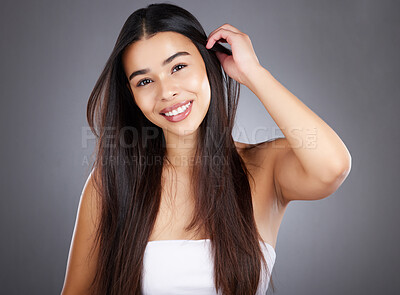 Buy stock photo Hair care woman, smile and studio portrait for healthy cosmetic treatment, style and happy by backdrop. Model, hair health and natural shine with beauty, wellness and makeup glow by studio background