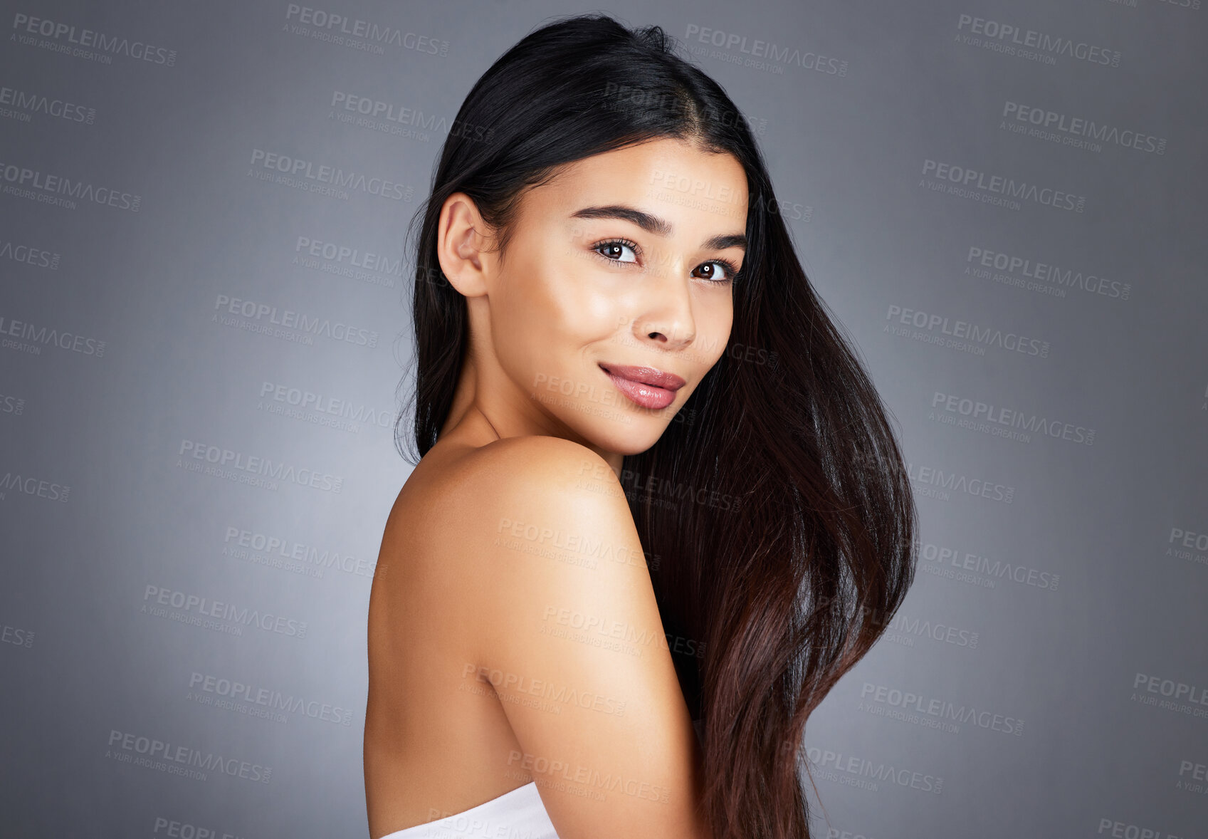 Buy stock photo Woman, hair care and beauty in studio portrait for strong, healthy natural shine and wellness by background. Model, hair glow and cosmetic self care for health, self love and confidence by backdrop