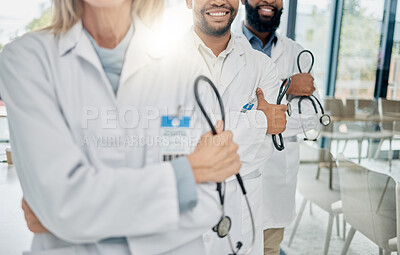 Buy stock photo Healthcare, team and hands of doctors with stethoscope for trust, support and insurance in hospital. Teamwork, leadership and group of medical workers with tools for medicine, wellness and cardiology