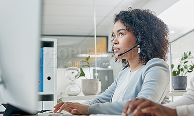 Buy stock photo Crm, contact us or black woman in call center at customer services for a communication or telemarketing agency. Computer, microphone or African consultant talking, helping or speaking at office desk