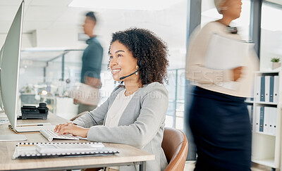 Buy stock photo Black woman, call center and computer with CRM and contact us, phone call with customer service or telemarketing. Tech support, technology and office with communication and contact center employee.