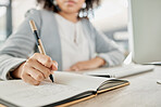 Notebook, pen and hands of woman writing, planning and working on calendar schedule for corporate business event. Paper, receptionist and secretary with pencil, planner and journal for message notes