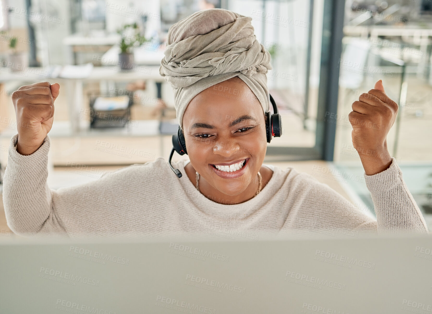 Buy stock photo Black woman, success fist or call center computer in telemarketing deal, contact us sales or customer support target. Smile, happy receptionist or celebration on technology for lead generation goals