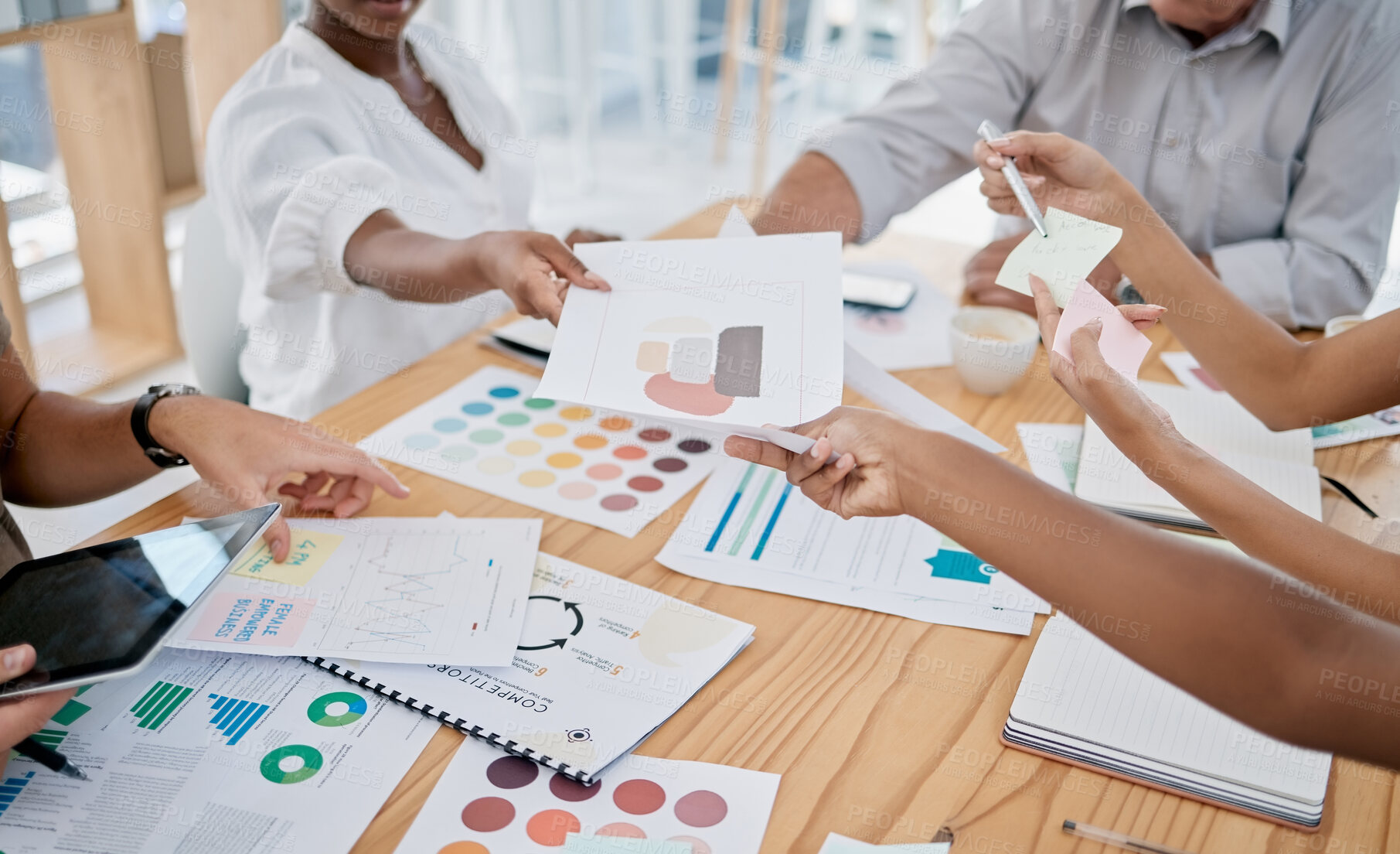 Buy stock photo Business people, hands and marketing documents in meeting in office. Teamwork, strategy and group of employees with paperwork, statistics and graphs for kpis, advertising and planning sales project.