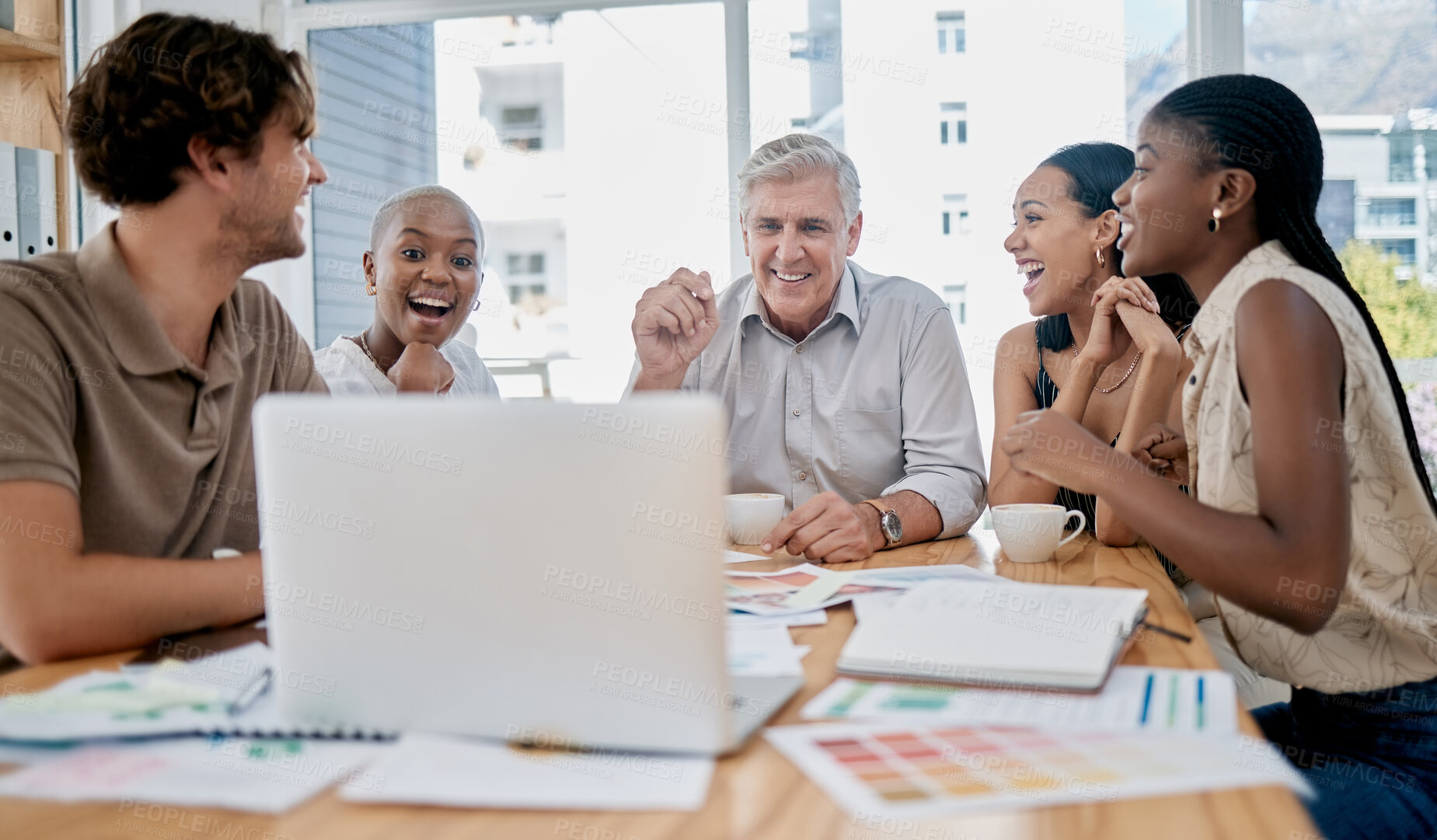 Buy stock photo Laptop, online meeting and team speaking to their colleague on a video call in an office. Collaboration, discussion and business people planning a strategy together with a video conference call.