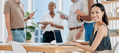 Buy stock photo Laptop, meeting and portrait of woman in the office planning a marketing project with team. Happy, smile and creative female employee doing research on computer for advertising strategy in workplace.