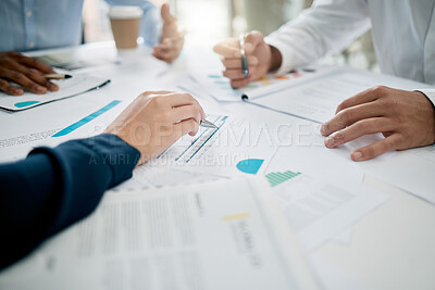 Buy stock photo Strategy, planning and hands on documents for tax audit report or financial statement for startup business. Accounting, paperwork and meeting for finance target, goals or research analysis in office.