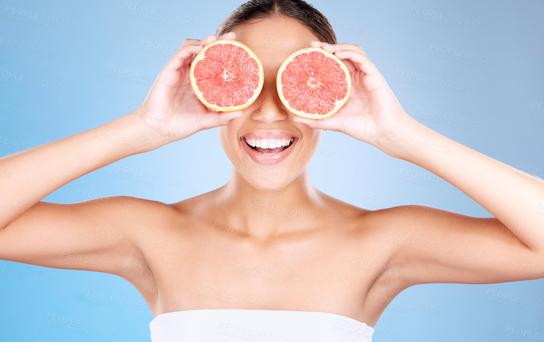 Buy stock photo Grapefruit, skincare and wellness of a woman with fruit, cosmetics smile or healthcare face glow. Model, happy or girl with fruits for health, cosmetic and healthy aesthetic facial beauty with food