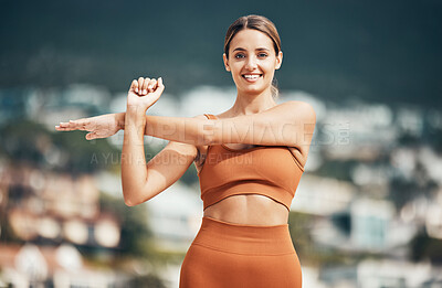 Buy stock photo Fitness, stretching and portrait of woman in city for healthy lifestyle, wellness and exercise in nature. Sports, workout and happy girl stretch arms outdoors for cardio, yoga training and pilates