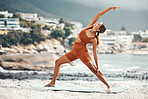 Yoga, balance and fitness with woman at the beach, pilates and zen in nature with exercise and body care outdoor. Workout by the ocean, stretching and peace with mindset and motivation for wellness.