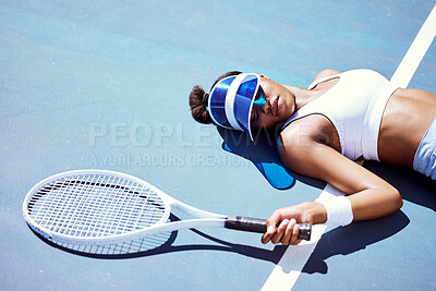 Sports fatigue and tired tennis girl on ground in sun with athlete burnout at tournament practice. Athletic black woman exhausted at professional tennis court for competition and fitness training.