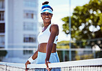 Black woman, fitness and sports portrait outdoor for training workout, exercise wellness and positive mindset energy on tennis court. Happy athlete, relax tennis player and goal motivation in nature 