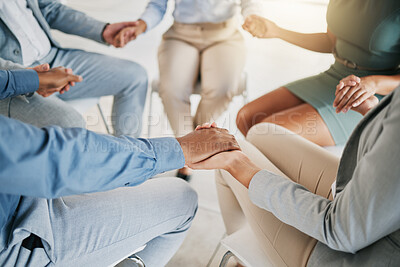 Buy stock photo Business people, team building and support holding hands for trust at corporate company. Solidarity, cooperation and collaboration of office employees with respect, care and compassion.