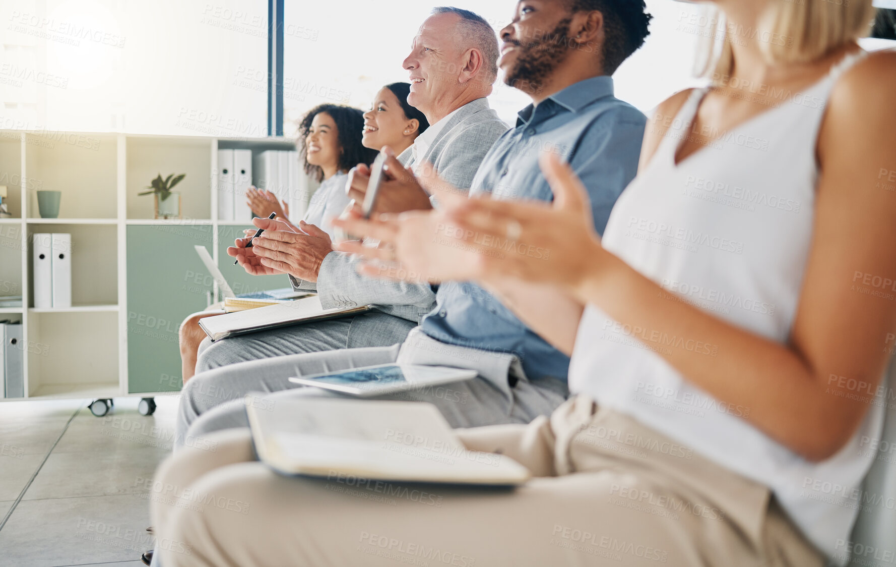 Buy stock photo Business, conference and applause from group of people happy at workshop or kpi target presentation for startup growth. Hands clapping, men and women in audience at tradeshow clap in celebration.