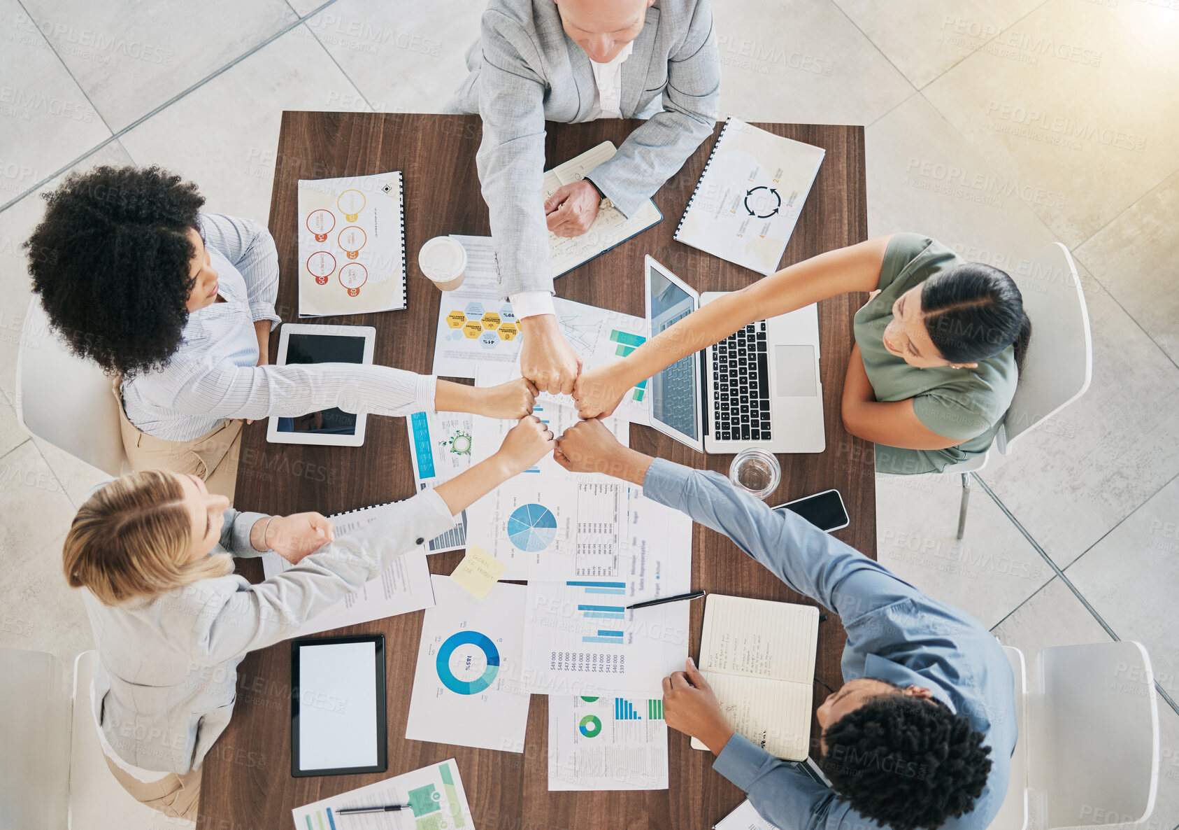 Buy stock photo Business people, hands and top view success of team celebration, motivation and support in meeting, trust or collaboration. Diversity workers, hands together and startup goals, vision and partnership