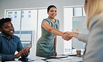 Business people, woman and handshake at meeting, planning and chart on board for target, success or goal. Corporate finance group, applause and celebration for profit, promotion or vision in New York