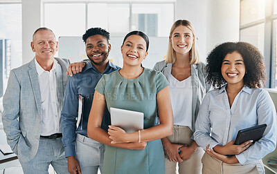 Buy stock photo Portrait, happy or business people in a digital agency in an office building with motivation, goals or mission. Leadership, team work or confident employees smile with pride, solidarity or support