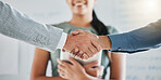 Teamwork, collaboration and business people handshake for partnership, b2b or hiring contract. Welcome, thank you and group, employees or workers shaking hands for onboarding, recruitment or deal.