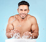 Cleaning, water splash and portrait of man happy with self care routine, facial hygiene and body hygiene wash. Water drop, bathroom skincare hydration and beauty model with health wellness treatment