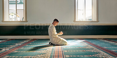 Buy stock photo Muslim pray, hope or hands in prayer on carpet for peace, gratitude or support to Allah in holy temple or mosque. Trust, Islamic or spiritual person praying to worship God on Ramadan Kareem in Qatar