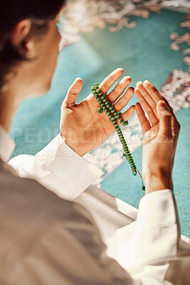 Buy stock photo Praying, worship and hands of a man in a mosque for hope, faith and holy support during Ramadan. Prayer, gratitude and Islamic person with trust in God, spiritual and respect for Arabic religion