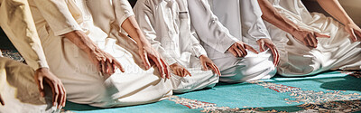 Buy stock photo Islam, religion and prayer of a muslim man at mosque in ramadan for spiritual faith, God and belief while doing religious worship. Islamic or Arab culture people sitting to pray at holy place