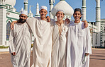 Happy, hajj and Muslim men at a mosque to pray, ramadan faith and group in Mekka together. Smile, religion and portrait of Islamic friends on a pilgrimage to the holy city for spiritual journey