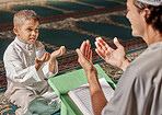 Muslim, child or men prayer to worship Allah in holy temple or mosque with gratitude as a family on Ramadan. Islamic, community or people in praying with boy or kid for Gods support, spiritual peace