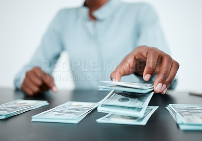 Buy stock photo Hands, money and desk for saving, planning or budget in finance office with african financial advisor. Cash, investment and future wealth with dollar, bills and savings with financial coaching advice